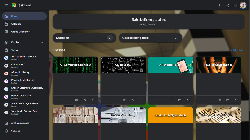 Google Classroom in TaskTwin dark mode theme