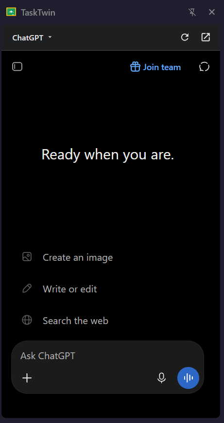 TaskTwin AI Sidebar side panel interface with ChatGPT
